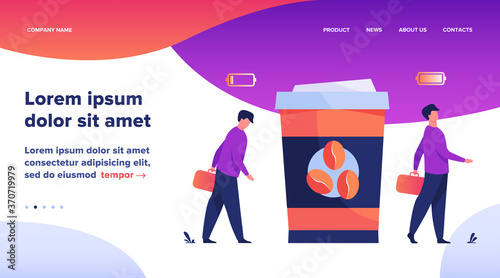 Man getting energy from cup of coffee. Caffeine addicted guy with disposal cup. Vector illustration for morning, coffee break, addiction, energetic drink concept