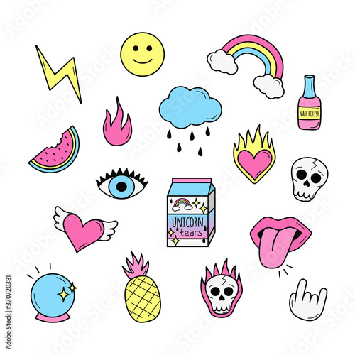 Stickers vector illustration set. Doodle hand drawn random icons in pink, yellow and blue colors. Isolated.