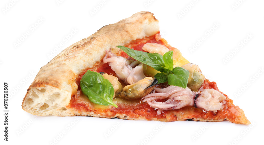 Slice of delicious seafood pizza isolated on white Slice of delicious seafood pizza isolated on white