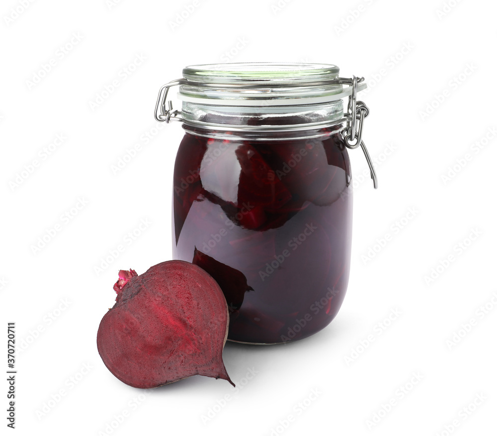 Pickled beets in glass jar isolated on white Pickled beets in glass jar isolated on white