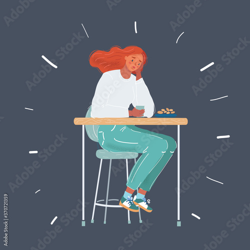 Vector illustration of Valentine day. Lonely girl, sitting at the table and hopefully waiting for a call from her beloved. Sad woman thinks about her problems on dark bacgkround.