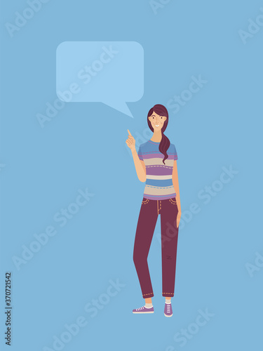 Young woman standing point finger to speech bubble vector cartoon illustration