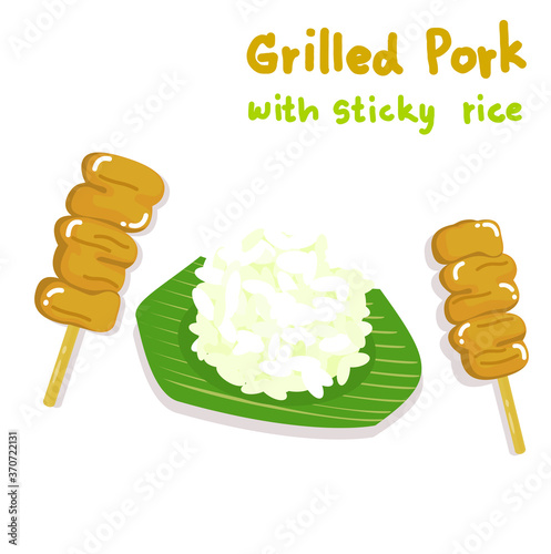 Illustrstion Grilled Pork with Sticky Rice Vector