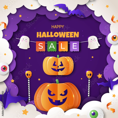 Halloween promotion banner with cutest pumpkins, bats and candy in night clouds