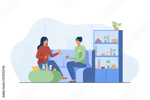 Smiling girl choosing cosmetics and skincare cream. Consultant, client, conversation flat vector illustration. Communication and make-up store concept for banner, website design or landing web page