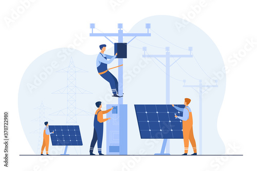 Solar power plant maintenance. Utility workers repairing electric installations, boxes on towers under power lines. For electric network operation, city service, renewable energy topics