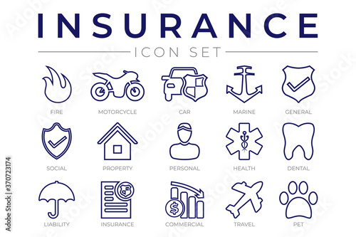 Outline Insurance Icon Set with Car, Property, Fire, Life, Pet, Travel, Dental, Commercial, Health, Marine, Liability Web Icons