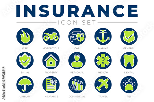 Round Insurance Icon Set with Car, Property, Fire, Life, Pet, Travel, Dental, Commercial, Health, Marine, Liability Web Icons