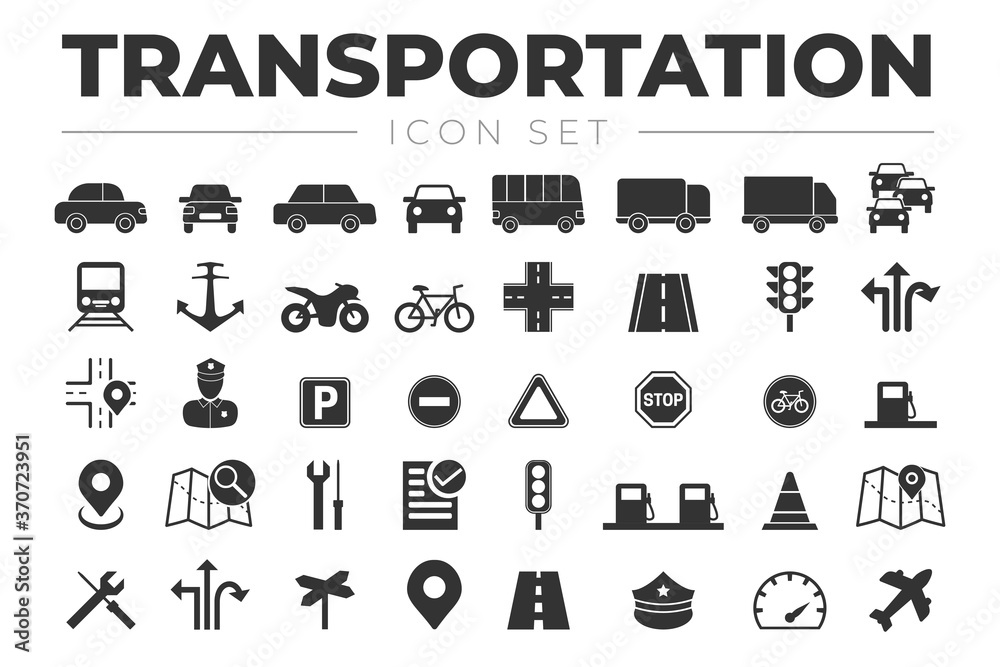 Transportation Icon Set with Vehicles, Traffic Lights, Car, Truck, Road, Motorcycle, Bicycle, Train, Airplane, Signs, Gas Station, Policeman, Marine, Bus, Map, Icons