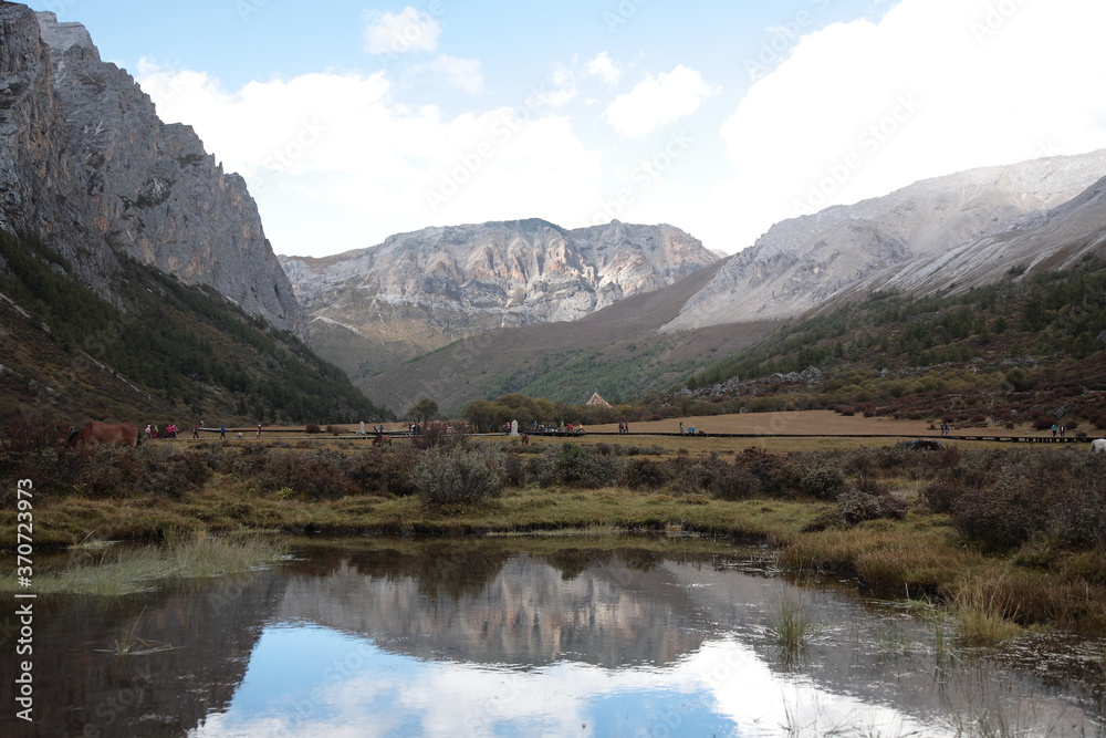 View of the sacred mountains and Chonggu meadow of Yading Nature Reserve at Shangri-La region during Autumn in Daocheng county, southwest of Sichuan Province, China. View of the sacred mountains and Chonggu meadow of Yading Nature Reserve at Shangri-La region during Autumn in Daocheng county, southwest of Sichuan Province, China.