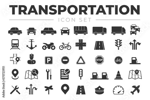 Transportation Icon Set with Vehicles, Traffic Lights, Car, Truck, Road, Motorcycle, Bicycle, Train, Airplane, Signs, Gas Station, Policeman, Marine, Bus, Map, Icons