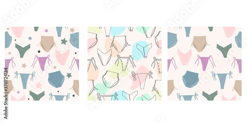 Set seamless patterns with Underpants in doodle style vector. Summertime underwear . Cute linen for woman, girl, lady. Feminine fashion set of lingerie. Design for gift paper, card or banner.
