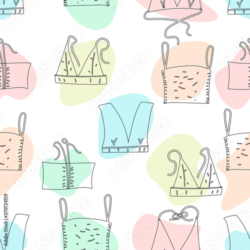 Bra  seamless pattern in doodle style with abstract shape. Summertime underwear . Cute brassiere for woman, girl, lady. Feminine fashion set of lingerie. Design for gift paper, card or banner.