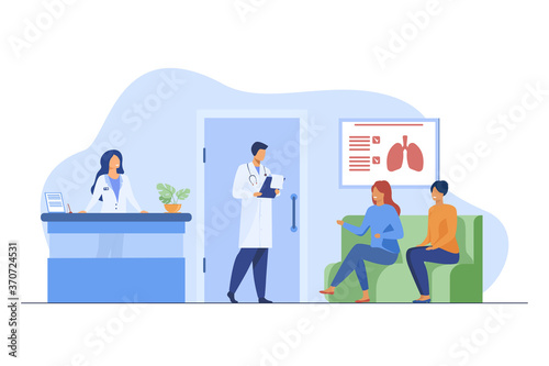 People sitting in hospital corridor and waiting for doctor. Patient, clinic, visit flat vector illustration. Medicine and healthcare concept for banner, website design or landing web page