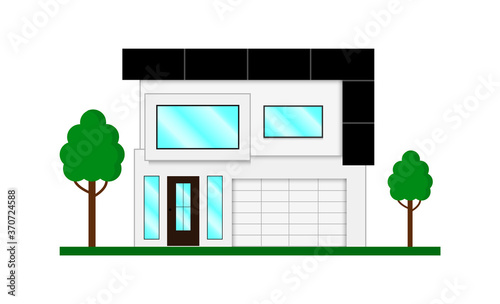 Modern country house in gray. Building's facade. Mansion, hotel, cottage, house with greenery.