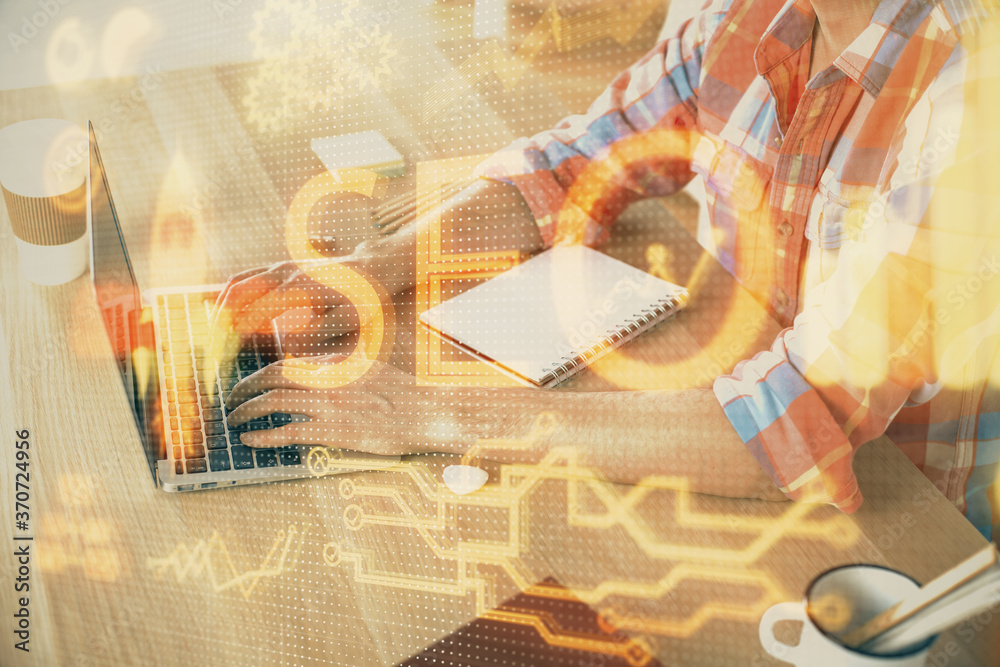 Double exposure of seo icon with man working on computer on background. Concept of search engine optimization. Double exposure of seo icon with man working on computer on background. Concept of search engine optimization.