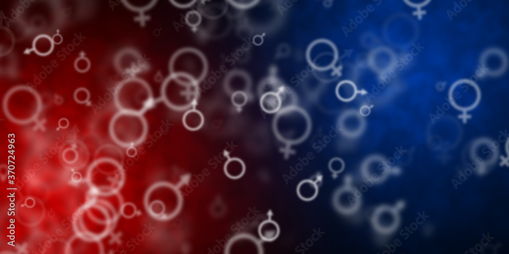 Abstract red and blue background with flying male and female symbols