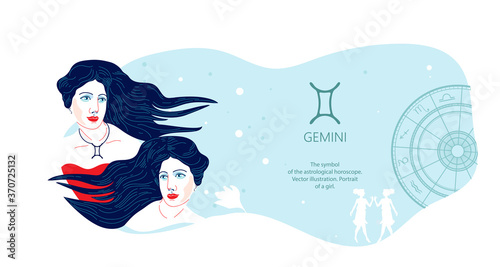 Zodiac background. Gemini constellation. Horizontal banner. Vector illustration.