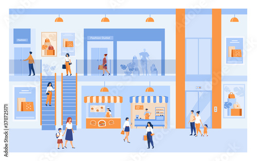 Department store interior with customers. People shopping in city mall, walking through building halls past windows, carrying bags. For market, sale, discount concepts.