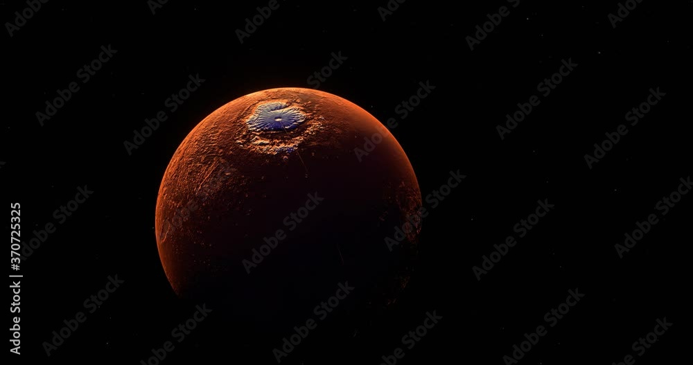 Sun orbit from behind futuristic red Mars barren textured planet in outer space