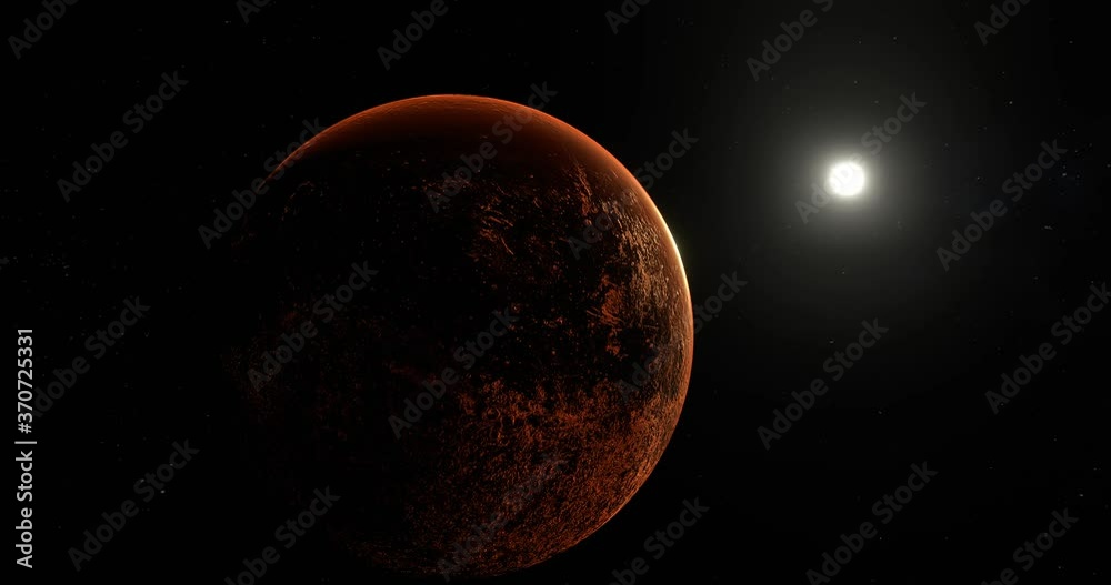 Sun slow orbit around red barren mars planet in deep outer space