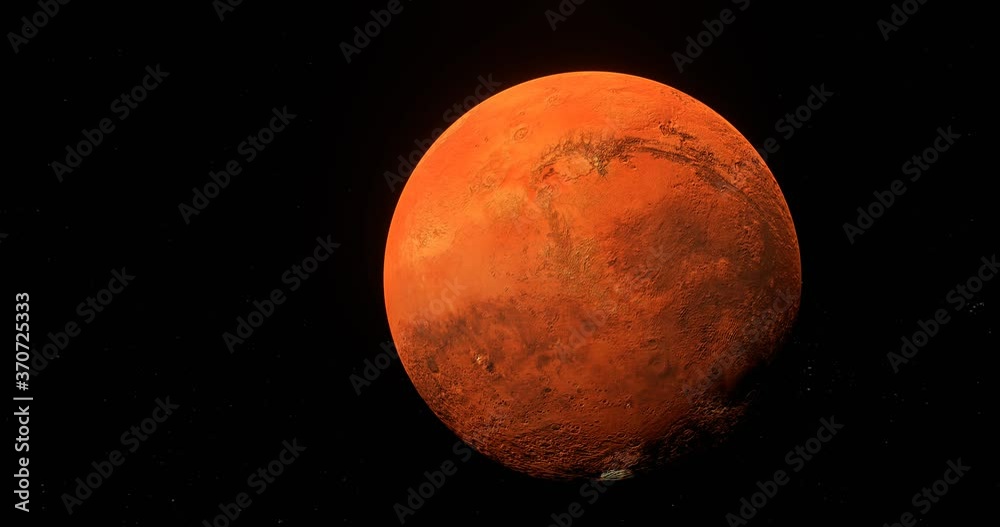 Spinning red textured barren desert mars planet in dark outer space Spinning red textured barren desert mars planet in dark outer space