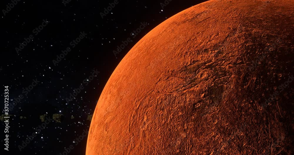 Asteroids orbiting red Mars in outer space closeup as sun reveals from behind planet