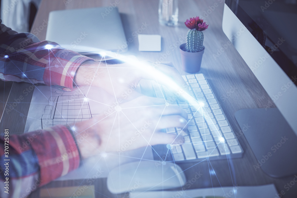 Social network theme hologram with businessman working on computer on background. Concept of world wide web. Double exposure. Social network theme hologram with businessman working on computer on background. Concept of world wide web. Double exposure.