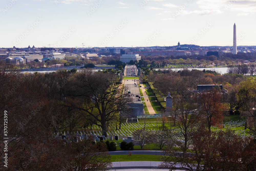 Spring cityscape from Arlington National Cemetery overlooking Washington DC 