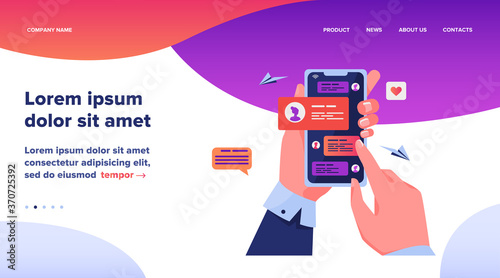 Human hand holding mobile phone with text messages. Person touching screen with chat conversation flat vector illustration. Phone communication concept for banner, website design or landing web page