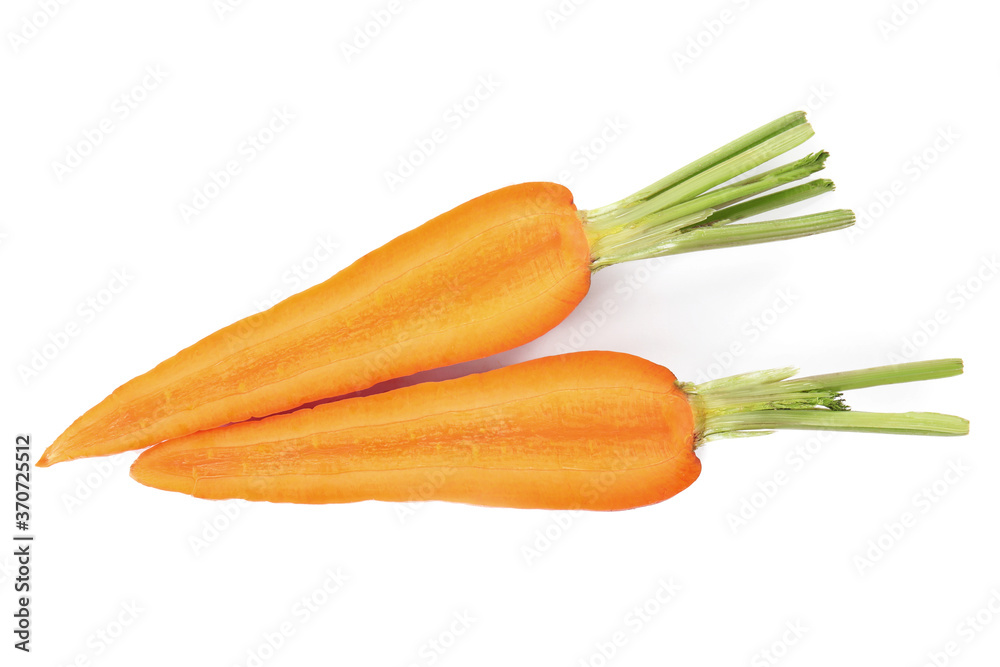 Halves of fresh ripe carrot isolated on white, top view Halves of fresh ripe carrot isolated on white, top view