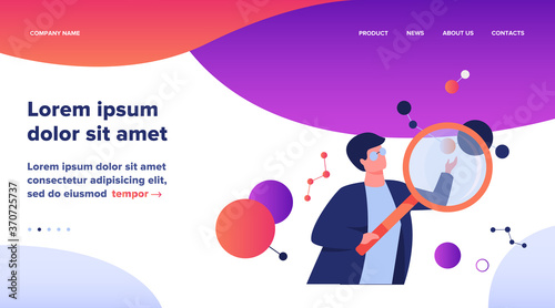 Scientist doing scientific research. Cartoon character using magnifying glass, studying neuron algorithms. Can be used for neuroscience, artificial intelligence, scientific technology concept