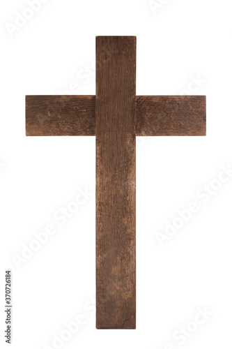 Old wooden cross isolated on white background with clipping path