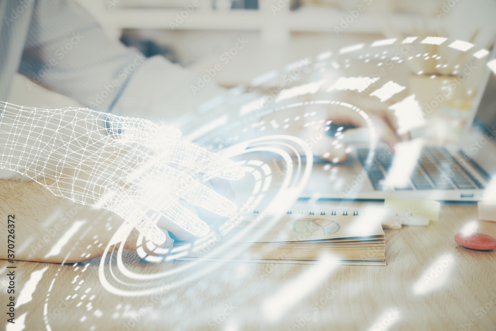 A man working on computer with technology theme drawing. Concept of big data. Multi exposure. A man working on computer with technology theme drawing. Concept of big data. Multi exposure.