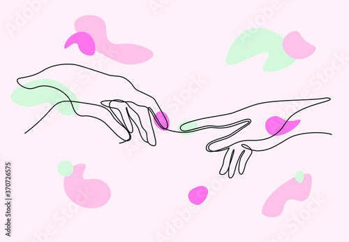 Continuous line vector illustration of two hands barely touching one another. Colorful abstract shapes, simple sketch of two hands for logo, posters, wall art, love concept