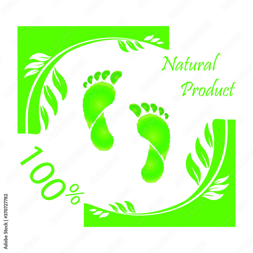 Human footprints icon. Set ads of one hundred percent natural products. Green branches and leaves. Human footprints icon. Set ads of one hundred percent natural products. Green branches and leaves.