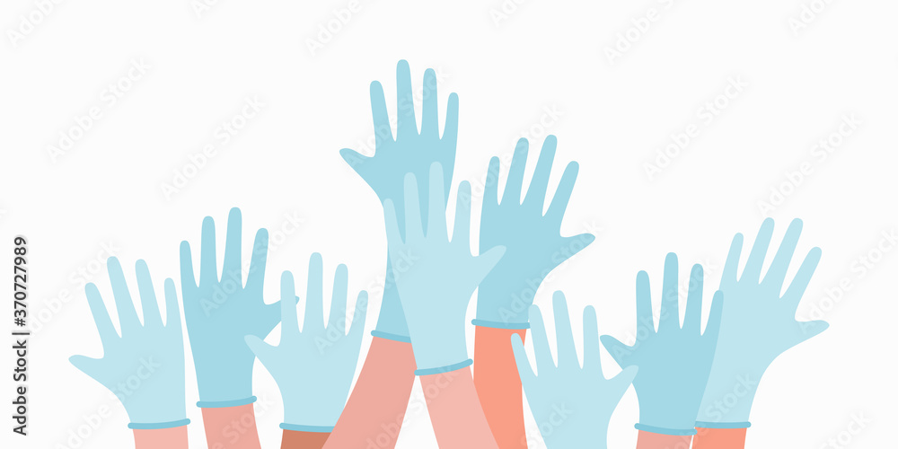 Doctors up hands in blue medical gloves vector illustration