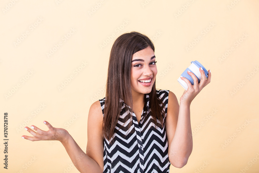 Coffee lover concept. Closeup photo portrait of delightful cheerful positive with toothy beaming smile person holding cup of warm latte in hands cuddling to herself isolated bright color background Coffee lover concept. Closeup photo portrait of delightful cheerful positive with toothy beaming smile person holding cup of warm latte in hands cuddling to herself isolated bright color background