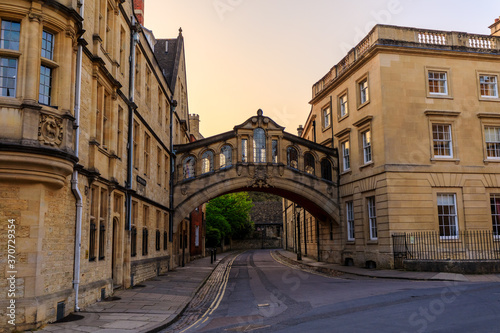 Hertford Bridge, Bridge of Sighs, in Oxford at sunrise with no people around, early in the morning on a clear day with blue sky. Oxford, England, UK.