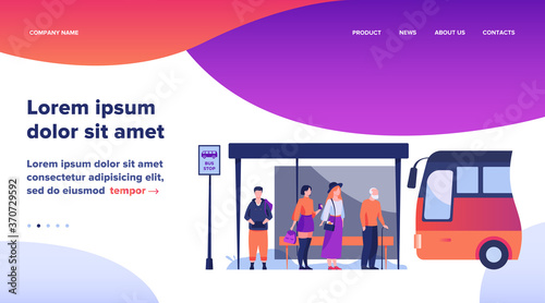 Passengers waiting for public transport at bus stop flat vector illustration. Cartoon characters using auto. Transportation and conveyance concept.