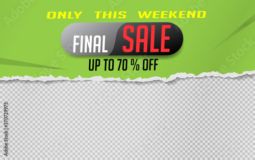 The last sale is written on the green torn paper. Website store banner template. Online shopping. Vector illustration for posters and newsletter designs, ads