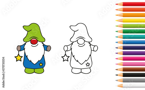 cute dwarf for coloring book with pencils vector illustration EPS10