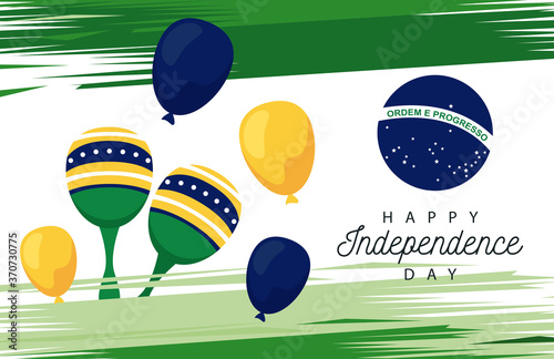 brazil happy independece day celebration with flag in balloons helium and maracas