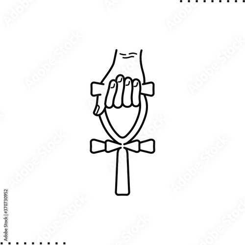 Ankh, hand holding antique Egyptian cross vector icon in outline