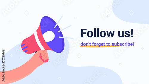 Follow us megaphone announcement. Flat vector modern illustration of human hand holds red loud-hailer for community alert or notification to invite new subscribers. Concept design for promo banners