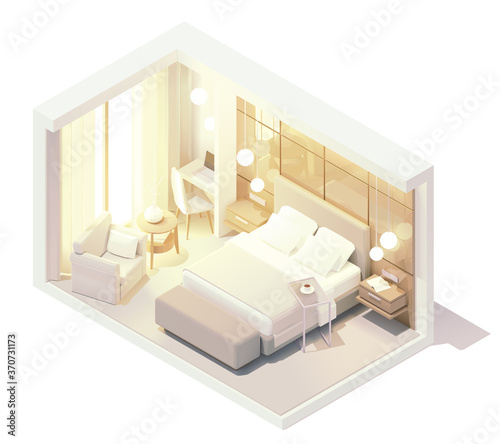 Vector isometric hotel suite interior cross-section. Hotel room with double bed, big window, tv and other furniture