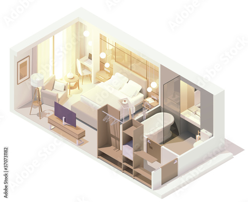 Vector isometric hotel suite interior cross-section. Hotel room with double bed, big window, tv, bathroom, bathtub and toilet, cabinet and other furniture