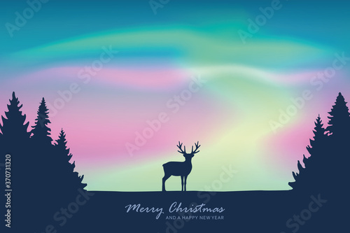 christmas greeting card with deer on aurora borealis sky background vector illustration EPS10