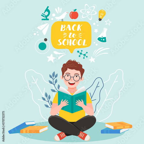 Back to school banner. Iittle boy reading book. Vector illustration EPS 10
