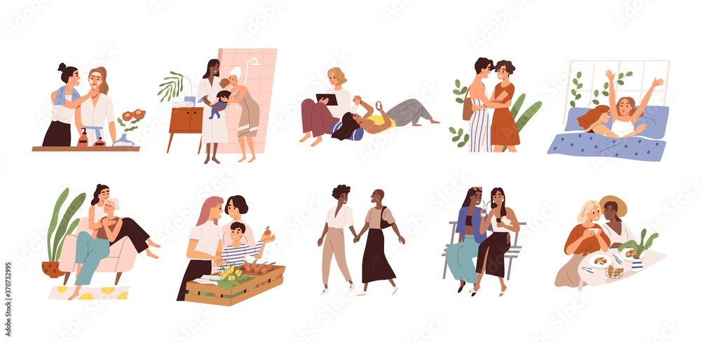 Set of diverse homosexual multiracial lesbian couples. International gay family bundle with children. Female parents, different ages. Flat vector cartoon illustration isolated on white background